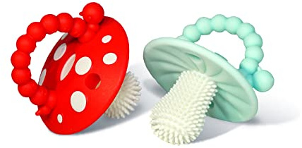 RaZbaby Soft Silicone Infant & Baby 3M+ Teether Toy Massaging Bristles Teething Relief Pacifier - Soothes Sore Gums - Hands-Free & Easy-to-Hold Chompy Teether, BPA Free (RED/Blue)