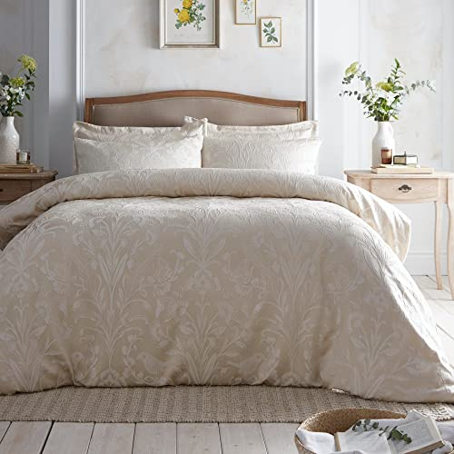 Appletree Lindly Champagne Floral Duvet Cover – King Size 230x220cm – Heavyweight Jacquard – Soft Touch Microfibre – Bird & Flower Pattern – Luxury Bedding Set with 2 Pillowcases