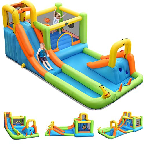 GOPLUS Château Gonflable Aquatique, Aire de Jeux Toboggan avec Zone de Saut, Canon à Eau, Panier de Basket pour 3 Enfants de 3 à 10 Ans Jusqu’à 135KG, 504 x 295 x 217 CM (sans Souffleur)