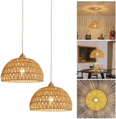 YNDD 2Pezzi Lampadario Rattan Vintage, Boho E27 Lampada a Sospensione in Corda Intrecciata Carta, Rustica Retro Ristorante Luce a Sospensione per Camera da Letto Soggiorno Cucina Corridoio Ø: 30 cm