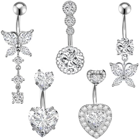 Firtink 5Pcs Stainless Steel Belly Button Bars Set Belly Button Piercing Rings Surgical Steel Hypoallergenic Navel Bars Rings Silver Belly Button Piercing Jewllery
