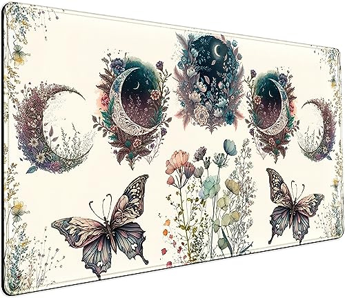 Beige blommor skrivbordsmatta, söt boho växter musmatta, stor utarbetad spelmusmatta, XXL 80 x 40 cm, estetiska blommor, fjäril och måne bärbar dator, tangentbord och musmatta för kvinnor kontor