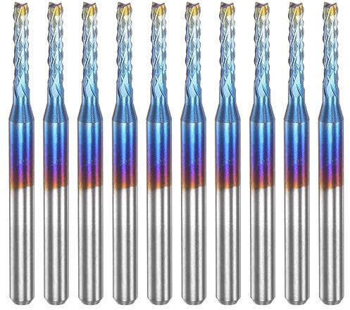 uxcell 10pcs End Mills CNC Router Bits 1/8 Shank 2mm Blue Coated Tungsten Carbide Milling Cutters for PCB Acrylic Wood Aluminum Metal