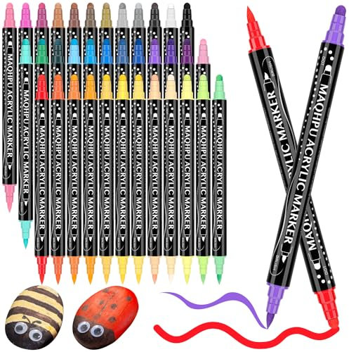 Maqhpu 36 Farben Acrylstifte, Acrylstifte für Steine Wasserfest, Steine zum Bemalen Stifte Set, Dual Tip Multimarker Acrylmarker für Holz, Glas, Papier, Keramik, Basteln Erwachsene Kinder