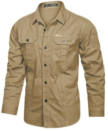 seiveini Chemise d'extérieur pour Homme Manches Longues Chemises de Randonnée avec Poches Pêche Fonctionnelle Travail Décontractée A Kaki XL