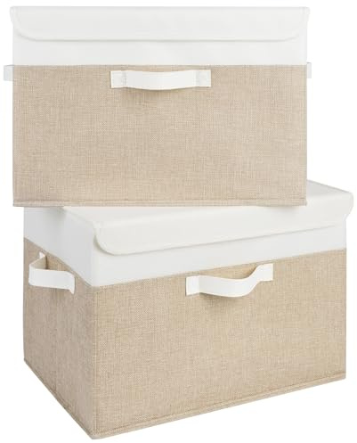 GRANNY SAYS Cajas Organizadoras con Tapa, Paquete de 2 Cajas de Almacenamiento para Estantes, Cajas de Tela Almacenaje Ropa Armario, Cajas Almacenaje con Tapa, Cajas Almacenaje Decorativas, Caqui