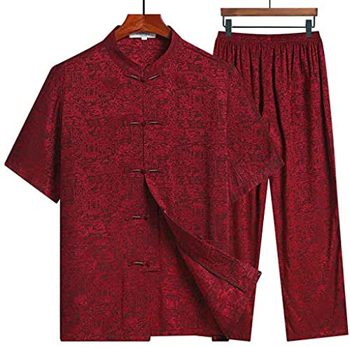 SFNIOKFG Baumwollmischung für Herren, Kung-Fu-Kleidung, Kampfsportanzug, Tai-Chi-Uniform, traditioneller chinesischer Tang-Anzug, Hanfu, kurzärmeliger Mantel, Oberteile und Hose, Rot 190 (G