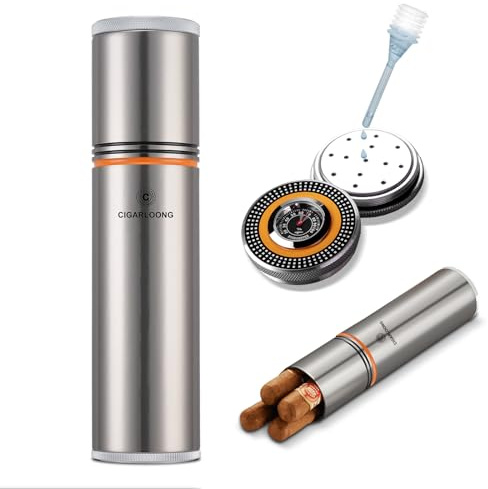 CLZOONG Travel Cigar Humidor Case/Box Stainless Steel Portable, Cigar Tube Cigars Jar Humidifiers Air Tight Lid,Smell Proof with Cigar Hygrometer and Humidifier for 3 to 4 Cigars (Silver)
