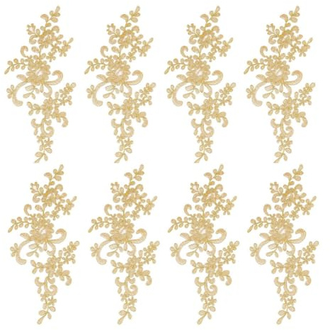 MIRKUZI Pizzo per rifiniture cucito 8 pezzi di applicazioni di fiori a forma di foglia, applicazioni di ricami in pizzo dorato, decorazioni per cucire abiti,(oro)