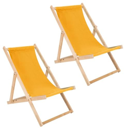Liegestuhl klappbar aus Holz - 2er Set gelb Gartenliege aus Buchenholz Faltbare Sonnenliege, Strandliege für Balkon, Terrasse & Strand