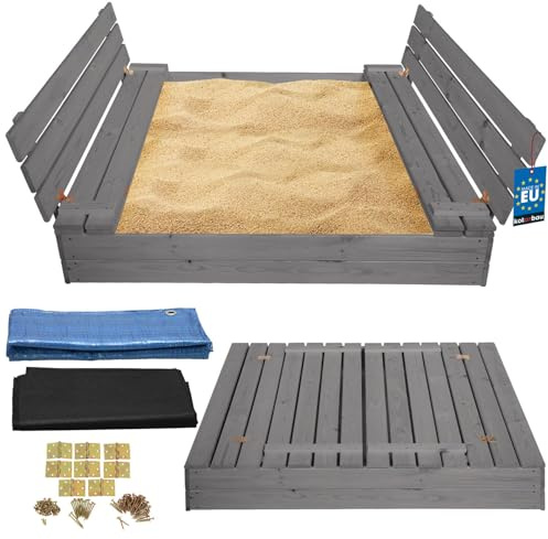 KOTARBAU® Sandkasten mit Abdeckung - 140 x 140 cm - Sandkiste aus Holz - Sandkasten mit Deckel & Sitzbänken - Gartenspielzeug für Kinder - mit Sandkastenvlies - Imprägniert - Holz - Grau