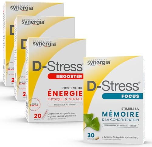 Pack « Mémoire & Concentration » | 3 D-Stress BOOSTER 20 Sachets + D-Stress FOCUS 30 Comprimés | Examens, Entretien, Rentrée | Laboratoire Synergia
