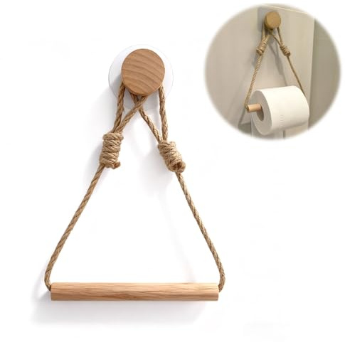 Portarollo de Papel Higiénico Montado en la Pared - Soporte Retro de Cuerda de Yute y Madera - Accesorio Multifuncional para Baño - Toallero y Decoración Rústica de Estilo Industrial