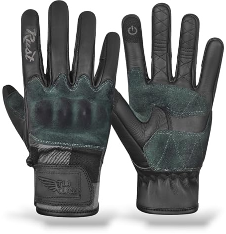 TLA RUST Guanti moto in pelle vintage con protezioni nocche omologati CE, 2XS a 4XL uomo e donna, Guanti da moto cafè racer, scooter, racing, touchscreen, alta protezione all'impatto.(Nero/Grigio,L)