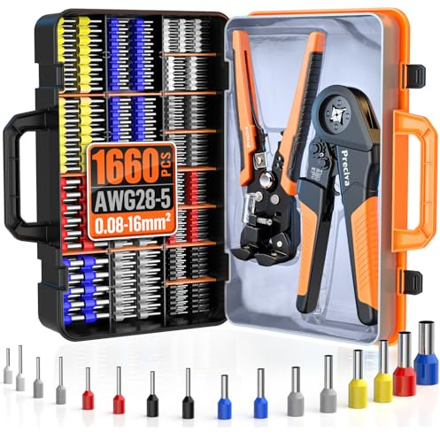 Preciva Pince a Sertir 0.08-16mm² (AWG28-5), avec Pince à Dénuder et 1660 Cosses Electriques, Kit Electricien pour Terminaux Câbles, Outils Sertissage Pince à Cliquet, avec Boîte de Rangement