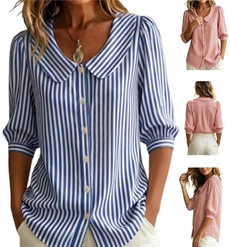 HFDHD Women's Retro Peter Pan Collar Striped Cotton Linen Shirt,3/4 Sleeve Button Down Blouse,Lightweight Breathable Tunic Top