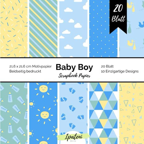 Scrapbook Papier Baby Boy: Motivpapier Beidseitig Bedruckt Baby Boy Papier zum basteln 20 Blatt 21.6 x 21.6 cm Bastelpapier für vielfältige Bastelarbeiten