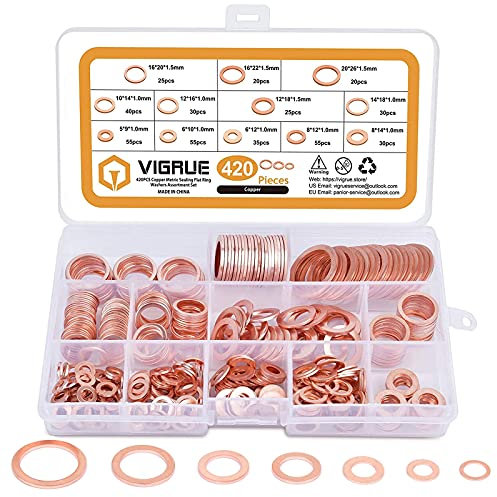 VIGRUE 420 Stück Kupferdichtringe Sortiment, Unterlegscheiben Kupfer Unterlegscheiben Set Ø 5/6/8/10/12/14/16/20 mm in Sortimentskasten