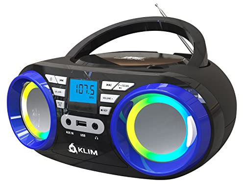 KLIM B3 Tragbarer CD Player - NEU - FM Radio, CD, MP3, Bluetooth, AUX, USB, RGB LED - CD Boombox - wiederaufladbaren Akku - Verbesserte CD-Laserlinse - Digitaler EQ