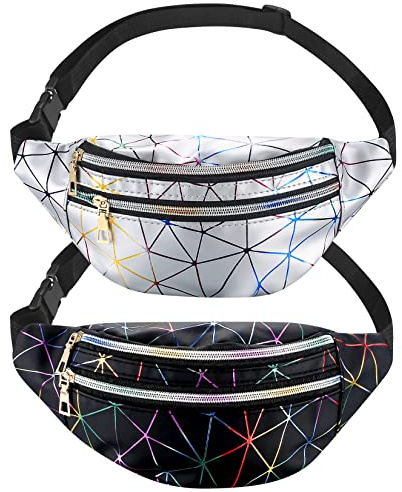2 STK Bauchtasche Damen Glitzer, Gürteltasche Metallic, wasserdichte Hüfttasche, Guerteltasche Verstellbarer, für Mädchen Frauen Männer Kinder Party Festival Sport Outdoor Reisen - Schwarz ，Silber