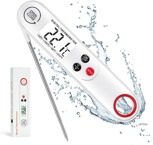flilntronic Termometro da Cucina con Retroilluminazione, Termometro Carne, ON/off °F/°C Auto Termometro Display LCD Con Pieghevole Sonda Lunga per Carne, Barbeque, Vino, Latte, Frittura Olio, Dolci