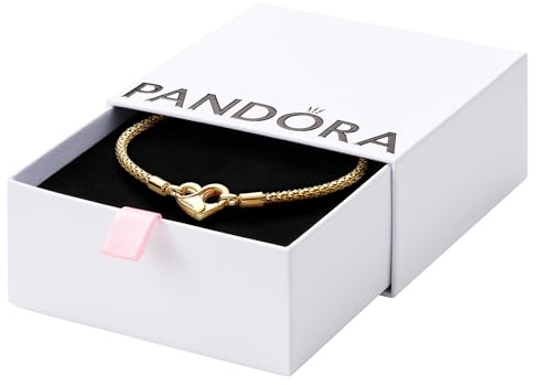 Pandora Moments Pulsera de cadena con tachuelas chapada en oro de 14 quilates con cierre en forma de corazón, 21