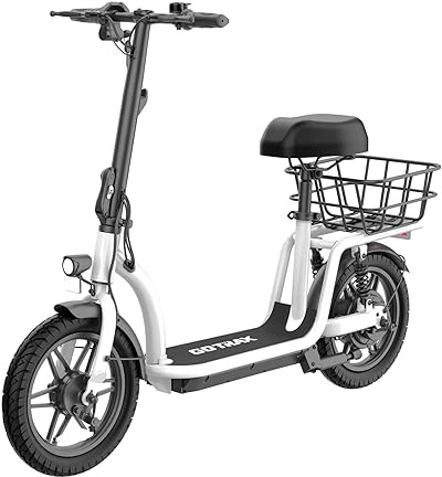 Gotrax Astro Electric Scooter with Seat, 14 Pneumatic Tire and 19 Miles Range&15.5Mph Power by 350W Motor, Comfortable Rear Dual Shock Absorption&Wider Seat, EBike with Carry Basket for Adult White