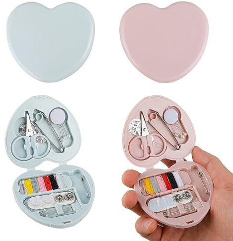 Cobee 2 teiliges Mini Nähprojekt Set, Tragbares Reise Näh Reparaturzubehör mit niedlichem herzförmigem Faltbarem Koffer für Zuhause Reisende, Braut, Notfälle, Anfänger, DIY Werkzeugzubehör