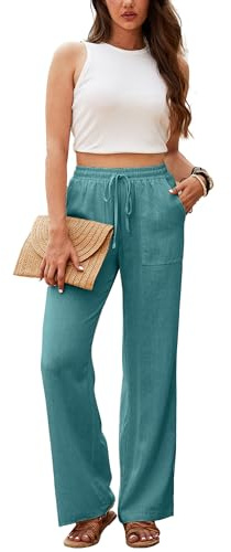 Beautiful Nomad Women's Linen Pants High Waisted Straight Pant Casual Flowy Wide Leg Drawstring Trousers with Pockets