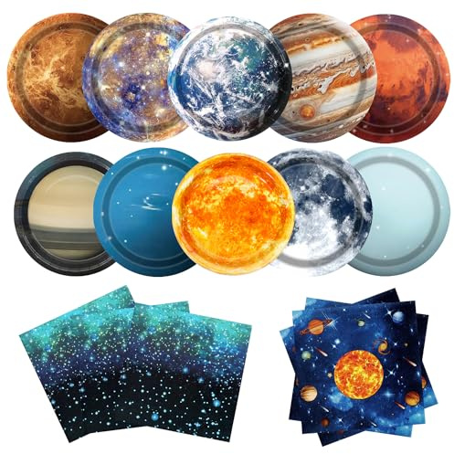 UROINEPA Space Theme Party Decorations 100Pcs Galaxy Planet Outer Space Disposable Plates and Napkins for Kids Space Solar System Planets Baby Shower Birthday Party Decorations, 9inch