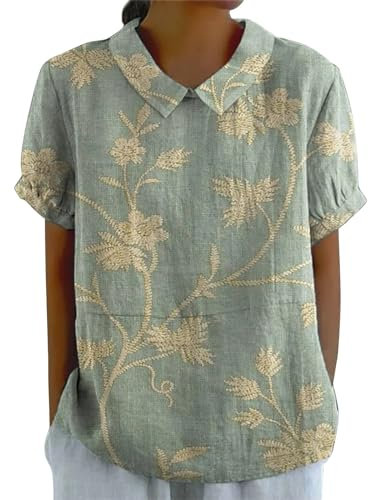 Tunika Damen Herbst Sale Leinenbluse Damen Art Floral Rundhals Lose Pullover Top Freizeithemd T-Shirt Tshirt Damen Rundhals 2024 Button-Down Kurzarm, Sommer Herbst Duftende Sale Angebote Shirtbluse