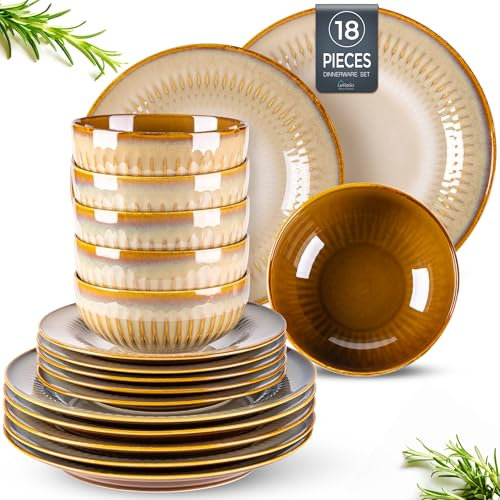 LeRatio Geschirrset für 6 Personen, 18-tlg Reaktive Glasur Steingut Geschirr Set, Keramik Kratzfestes- Schüssel- und Teller-Set, Spülmaschinen- und Mikrowellenfestes (Cappuccino, 18 Teile Set)