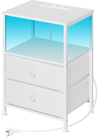 WOLTU Nachttisch mit Ladefunktion, Nachtschrank mit Steckdosen LED-Beleuchtung Schubladen, Beistelltisch Weiß, Sofatisch, Kaffeetisch, MDF, NTS27ws