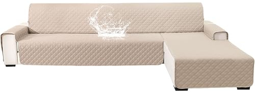 YSTELLAA 100% Vattentätt Sofföverdrag L Formad 3 Sits(L 250 cm), Reversible Höger/Vänster Universal Soffskydd Peninsula, Chaise Longue Sofa Protector Reptåligt Fläckbeständigt, Beige