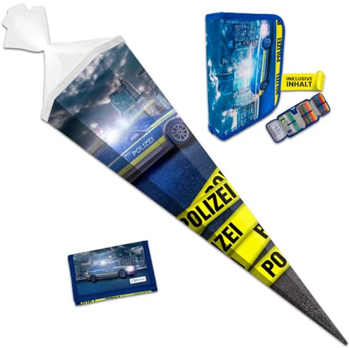 itenga Schultüten Set mit Motiv – 85 cm Zuckertüte + Brustbeutel + Federmäppchen | Einschulung Mädchen und Jungen | Schulstart-Set mit Motiv | (Motiv Polizei)