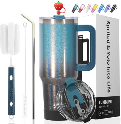 WATERSY 1,2 liter (40 oz) kaffemugg to go, termosmugg dubbelväggig, rostfritt stål, vakuum, läckagesäker drickmugg med handtag och sugrör, termotumbler, Deux, svart, blå, glänsande