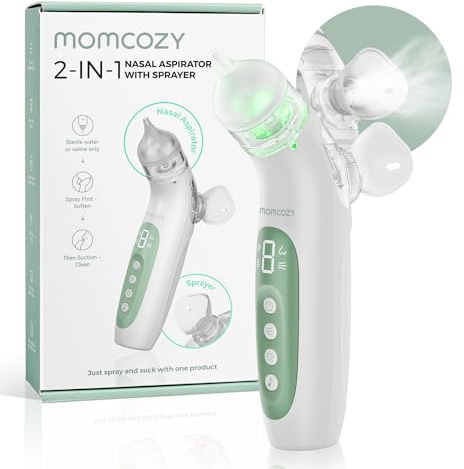 Momcozy BN007 mouche bebe electrique 2-en-1 avec fonction de pulvérisation, 65 kPa de puissance d’aspiration, 4 niveaux réglables, silencieux et portable, avec lumière et musique apaisantes