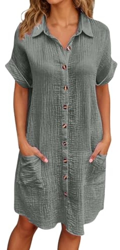 Robe ete Femme Chic et Elegant de Plage d'été Lin mi Longue Fluide Robes Coton Droite Summer Dress Trapeze Legere intégrée boutonnée Devant col v Linen Ample avec Poche décontractée Dresses,Gris,L
