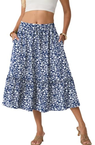 PrinStory Falda de verano larga para mujer, falda de verano de cintura alta, falda midi con bolsillos con cordón, ligera y aireada