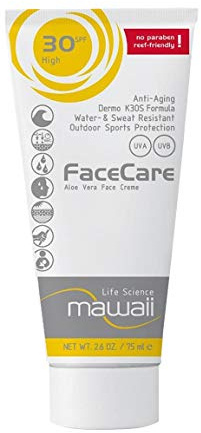 Mawaii Crème solaire Sport & Surf Crème visage 30SPF, 75 ml, Aloe Vera Crème solaire résistante à l'eau et à la transpiration, pour les sports aquatiques et de plein air et protection solaire anti-âge