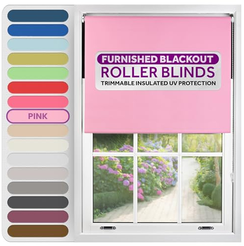 FURNISHED Roller Blinds Thermal Blackout Roller Blind - Trimmable Insulated UV Protection Child Safe Easy Fit Home Office Window Blinds, Pink, 120 cm Wide x 165 cm Long