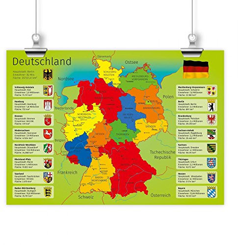 nikima - Kinder Lernposter Deutschland mit Bundesländern - Plakat für Kindergarten Schule Schulanfang Schuleintritt Einschulung Kinderzimmer Deutschlandkarte - Größe DIN A3-420 x 297 mm