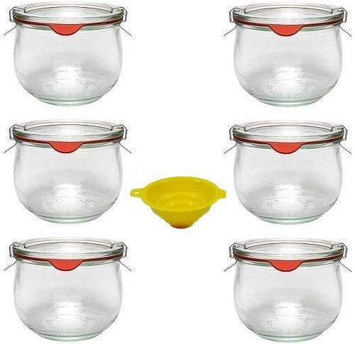 6 Weckgläser/Rundrandgläser in Tulpenform 500 ml inkl.Klammern, Ringen und einem Einfülltrichter