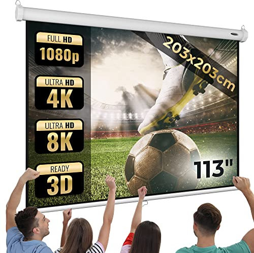 Jago® Leinwand Beamer - 1:1, 4:3, 16:9, HD 4K 3D, Rollo, Manuell Ausziehbar, Gain 1,0 - Beamerleinwand, Projector Screen, Projektionsleinwand, Rolloleinwand, Heimkino (203x203 cm - 113)