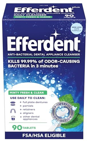 Efferdent Plus Mint Anti-Bacterial Denture Cleanser | 90 tablets | Actively Cleans Between Dentures | Packaging May Vary