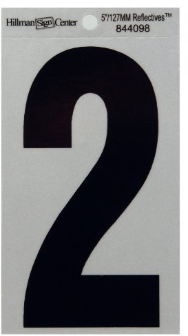 Hillman Adhesive House Number 2 Black and Silver Reflective 5 Inch, 844098