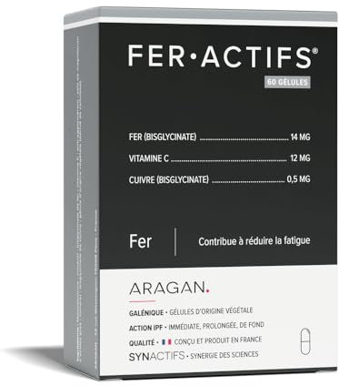 Feractifs - Complement Alimentaire Anti Fatigue - Fer Bisglycinate, Cuivre & Vitamine C - Aragan - 60 Gélules