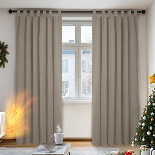 Deconovo Solid Tab Top Curtains Thermal Insulated Blackout Curtains for Bedroom 140x175cm Khaki ONE Pair