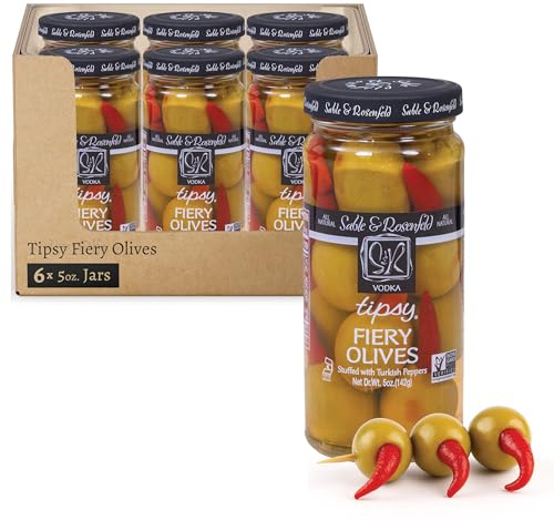 Sable & Rosenfeld Vodka Tipsy Fiery Olives 5 oz Jar (Pack of 6), Green Olives Stuffed with Turkish Peppers, Kosher, Gluten-Free Cocktail Garnish