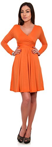 FUTURO FASHION Classic & Sensible Women's Dress V-Neck Long Sleeve Empire Y8467 Orange